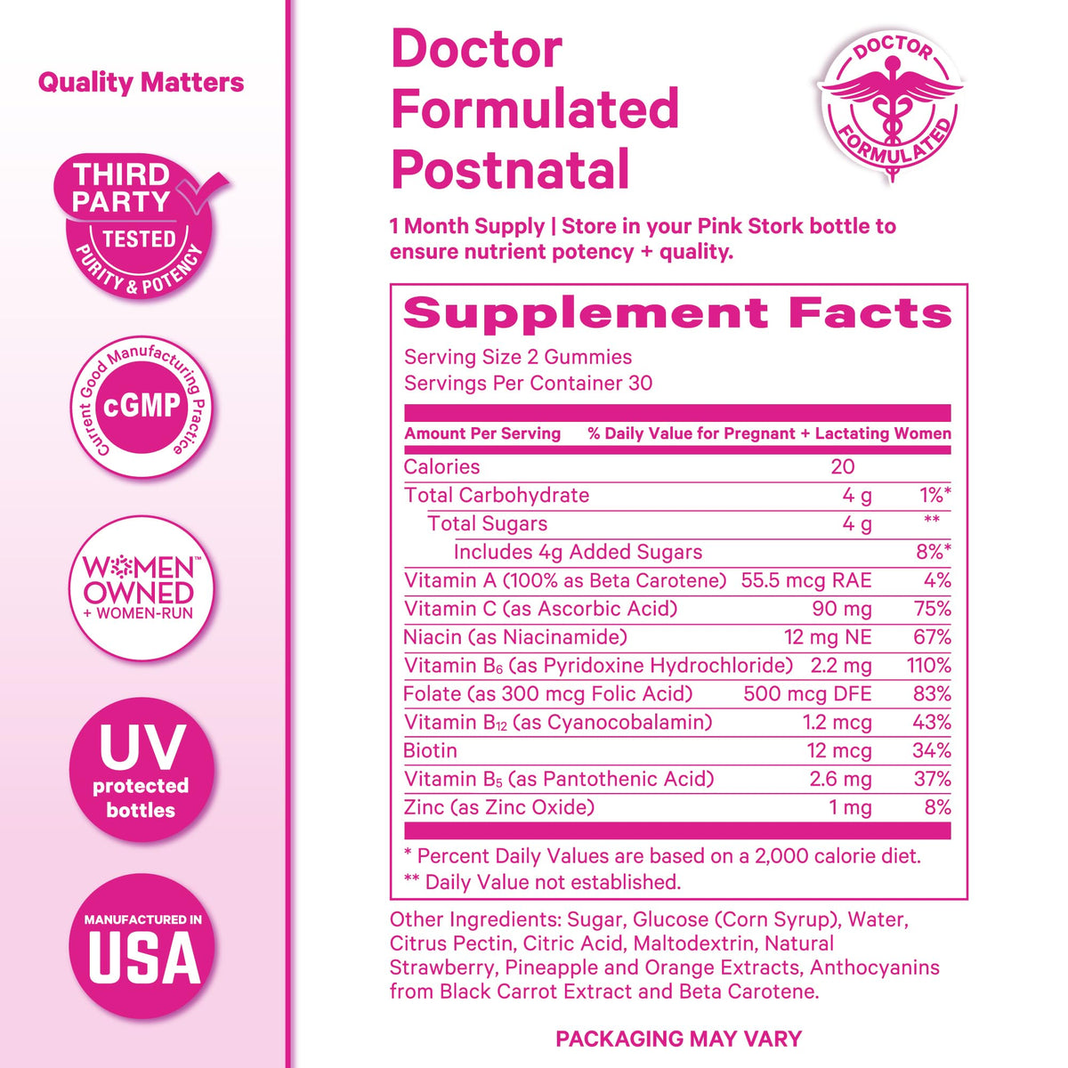 Pink Stork Total Postnatal Vitamin Gummies - Multivitamin for Postpartum Recovery and Lactation Support - Folic Acid, B6, and Vitamin C - PrimeBioHealth - canada supplements
