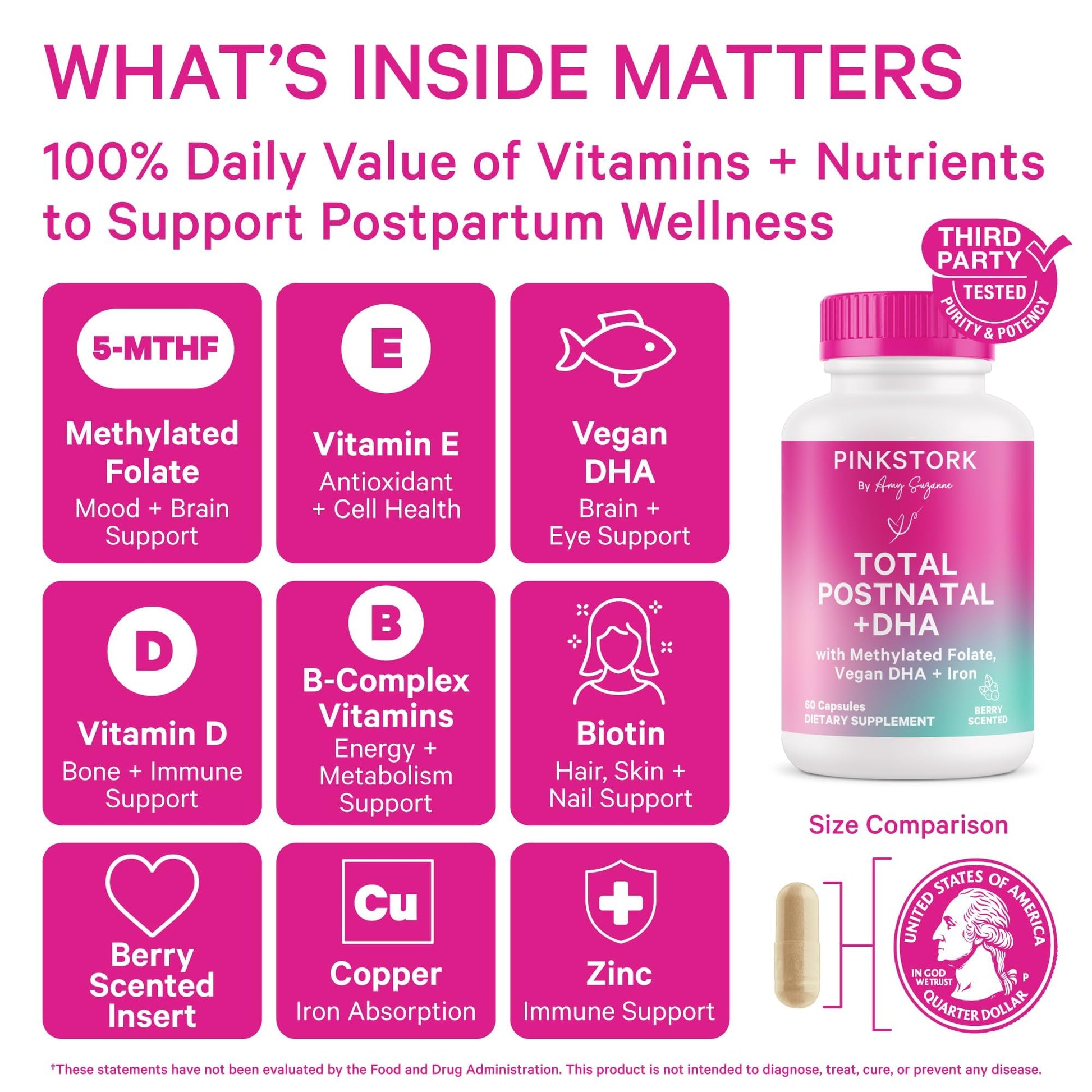 Pink Stork Total Postnatal Vitamins for Women | Vegan DHA, Iron, Folate, B12 | Postpartum Recovery Essentials | Lactation Support for Breastfeeding Moms - PrimeBioHealth - canada supplements