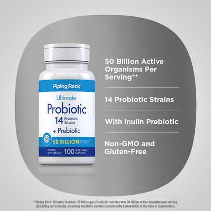 Piping Rock Probiotic and Prebiotic for Women and Men | 50 Billion CFU | 100 Capsules | Ultimate 14 Strain Supplement | Vegetarian, Non-GMO, Gluten Free - PrimeBioHealth - canada supplements