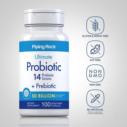 Piping Rock Probiotic and Prebiotic for Women and Men | 50 Billion CFU | 100 Capsules | Ultimate 14 Strain Supplement | Vegetarian, Non-GMO, Gluten Free - PrimeBioHealth - canada supplements