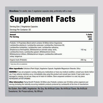 Piping Rock Probiotic and Prebiotic for Women and Men | 50 Billion CFU | 100 Capsules | Ultimate 14 Strain Supplement | Vegetarian, Non-GMO, Gluten Free - PrimeBioHealth - canada supplements