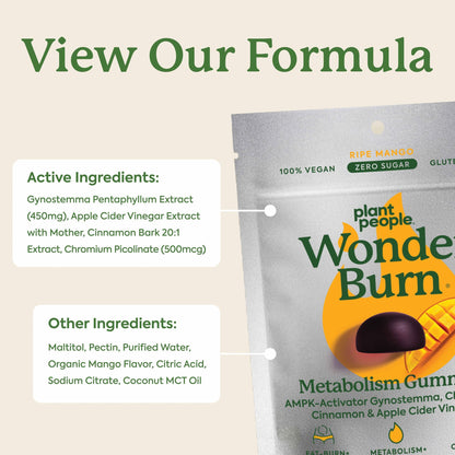 Plant People WonderBurn Metabolism & Cravings Control Gummies, Zero Sugar, Ripe Mango Flavor (60 Count) - PrimeBioHealth - canada supplements