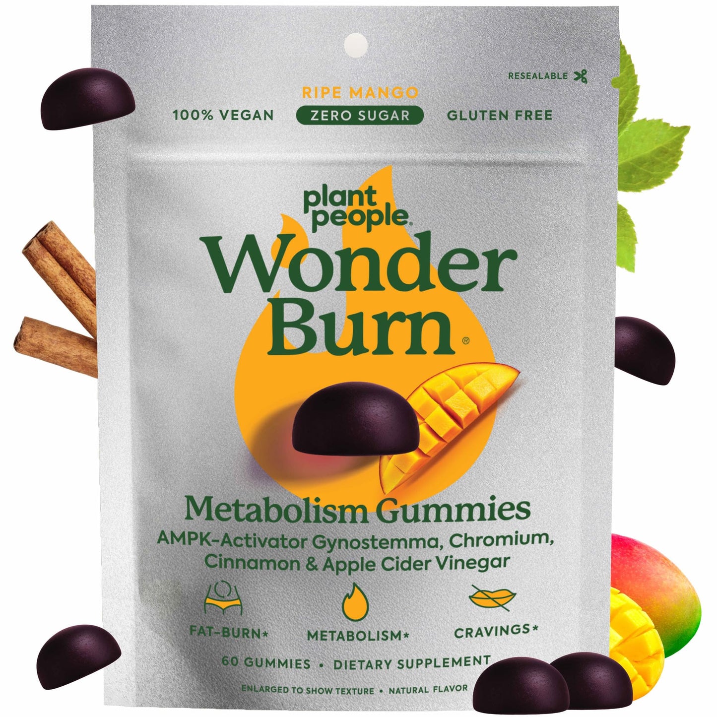 Plant People WonderBurn Metabolism & Cravings Control Gummies, Zero Sugar, Ripe Mango Flavor (60 Count) - PrimeBioHealth - canada supplements