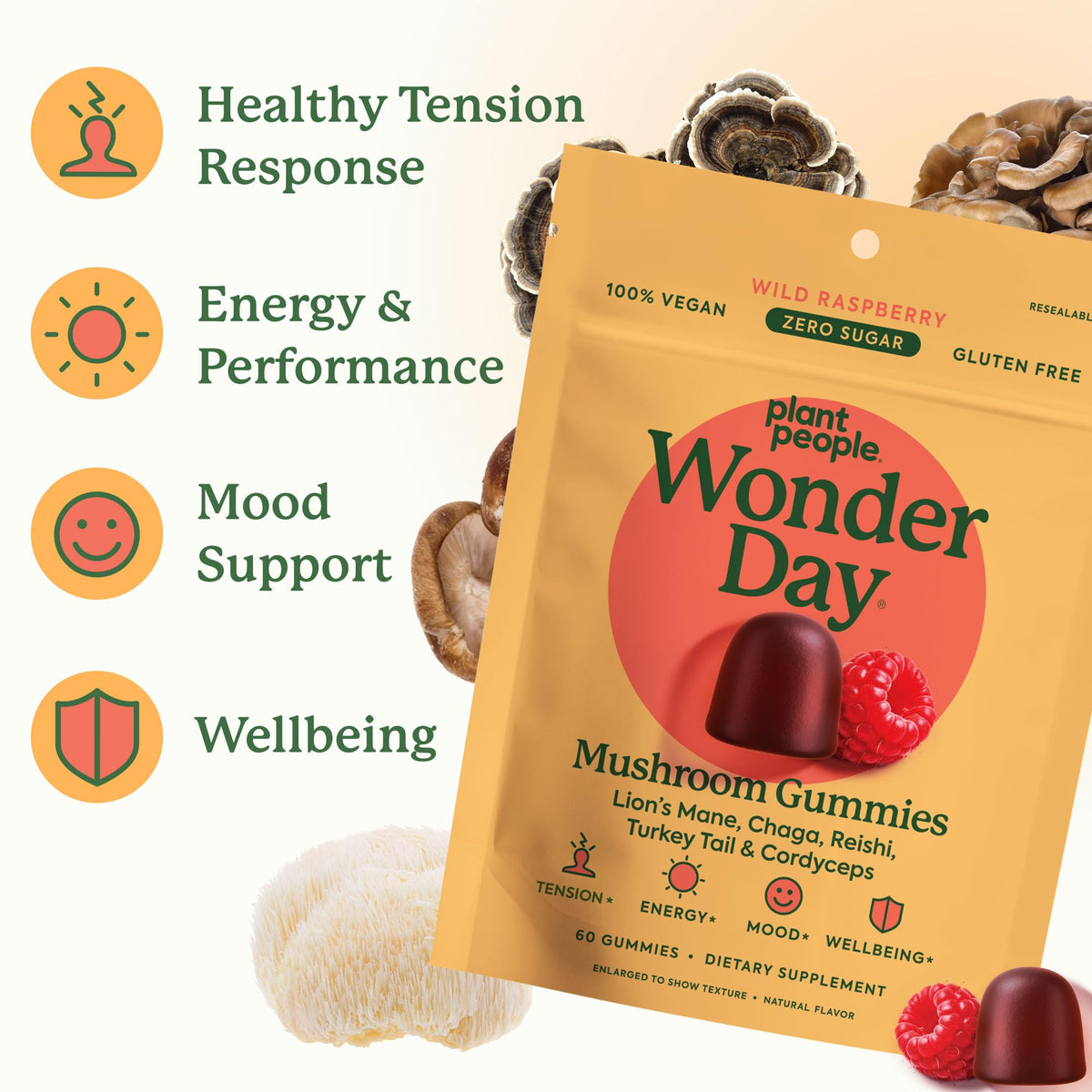 Plant People WonderDay Mushroom Gummies - Lion’s Mane, Cordyceps, Chaga Mushroom Supplement to Support Immune System De-Stress Boost Mood & Energy in Adults Natural - PrimeBioHealth - canada supplements