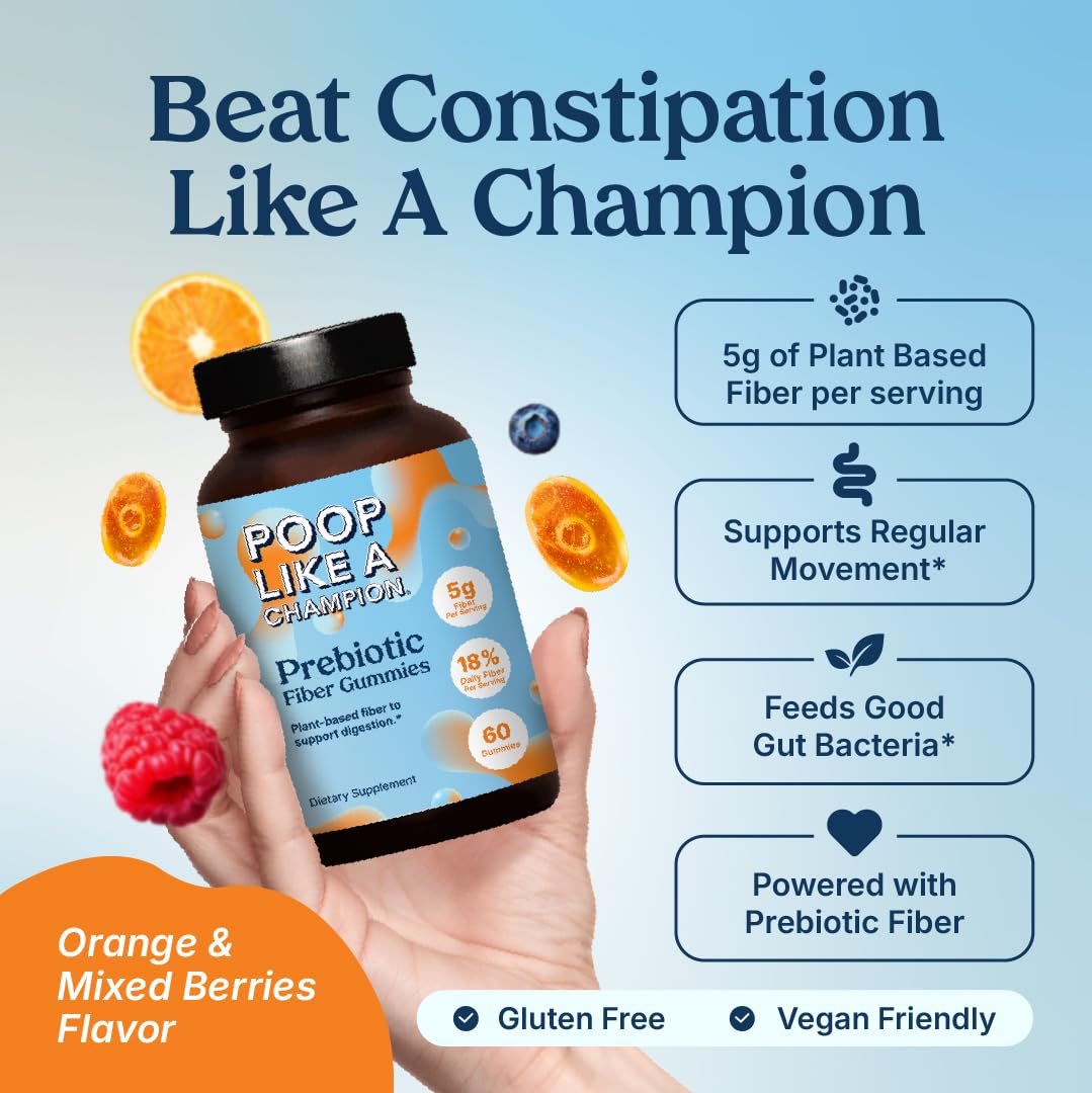 Poop Like a Champion Fiber Gummies – 5g Fiber per Serving, Non-GMO, Vegan, Digestive Support, 60 Pieces per Bottle - PrimeBioHealth - canada supplements