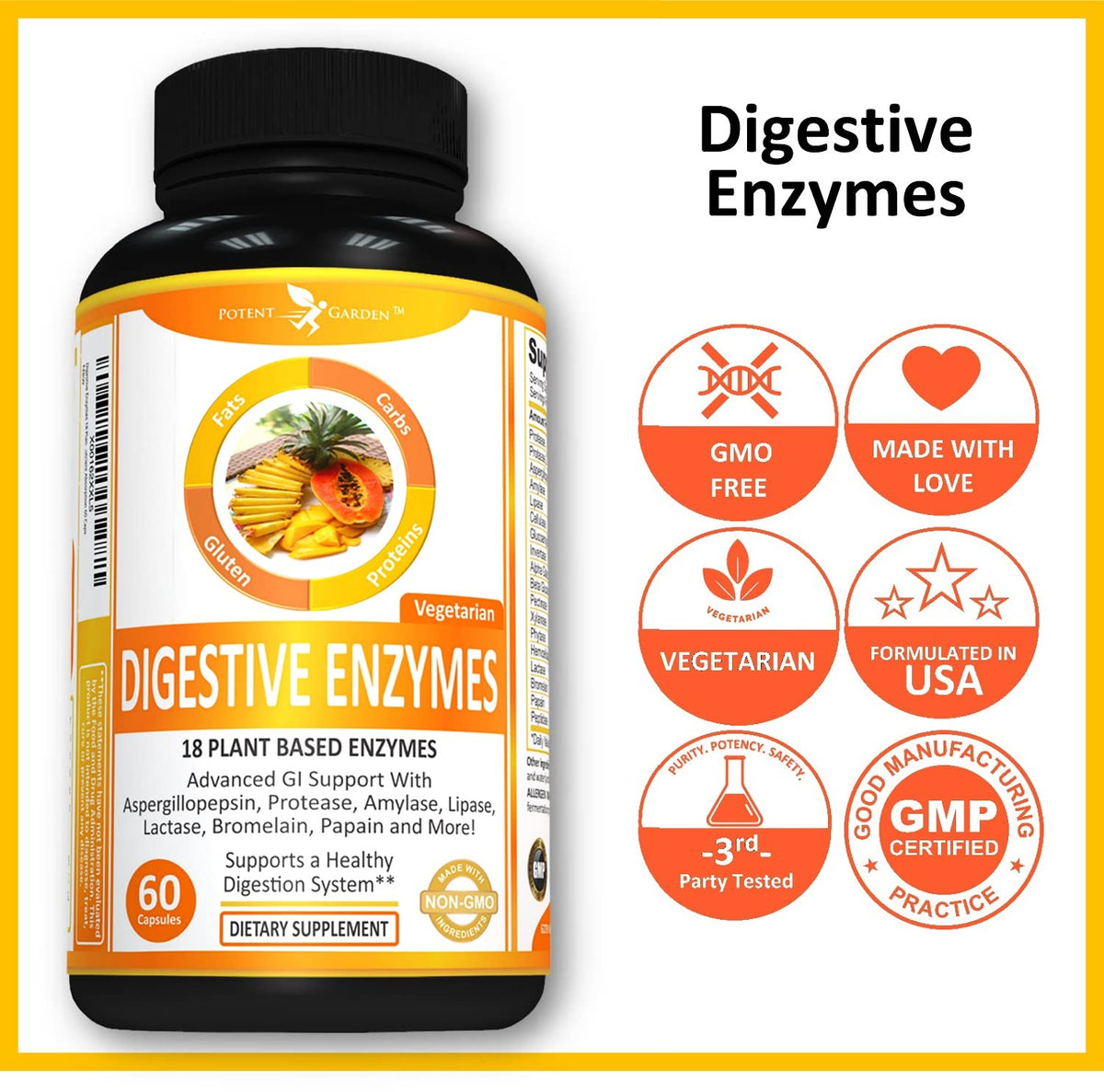 Potent Garden Digestive Enzymes -18 Plant Based Enzymes with amylase lipase bromelain Protease lactase & Other Enzymes - One Pre Meal Pill Supports Healthy - PrimeBioHealth - canada supplements