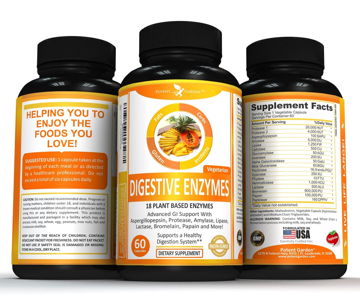 Potent Garden Digestive Enzymes -18 Plant Based Enzymes with amylase lipase bromelain Protease lactase & Other Enzymes - One Pre Meal Pill Supports Healthy - PrimeBioHealth - canada supplements