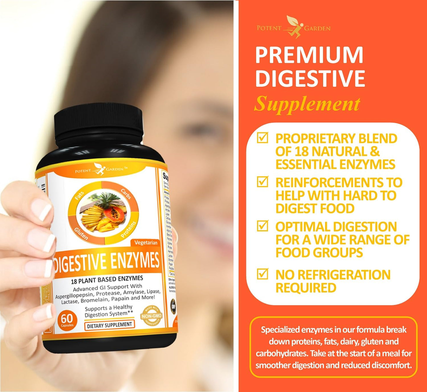 Potent Garden Digestive Enzymes -18 Plant Based Enzymes with amylase lipase bromelain Protease lactase & Other Enzymes - One Pre Meal Pill Supports Healthy - PrimeBioHealth - canada supplements