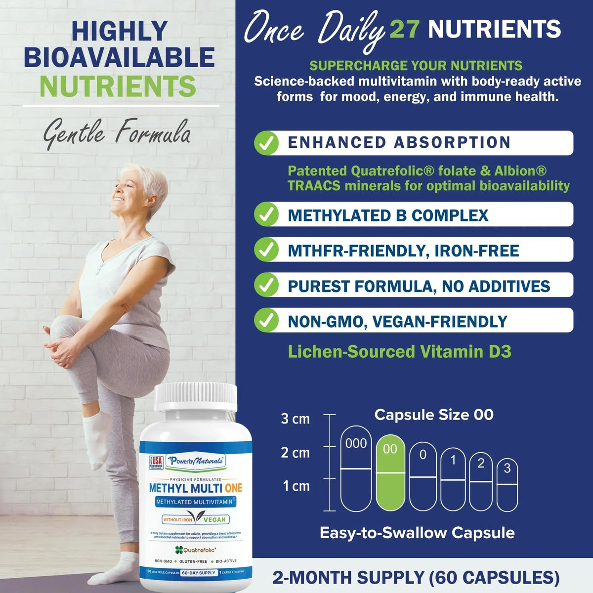 Power By Naturals Methyl Multi One - Iron-Free Methylated Multivitamin with Quatrefolic 5-MTHF, Active B12, P5P, CoQ10 & Zinc for MTHFR Support - PrimeBioHealth - canada supplements