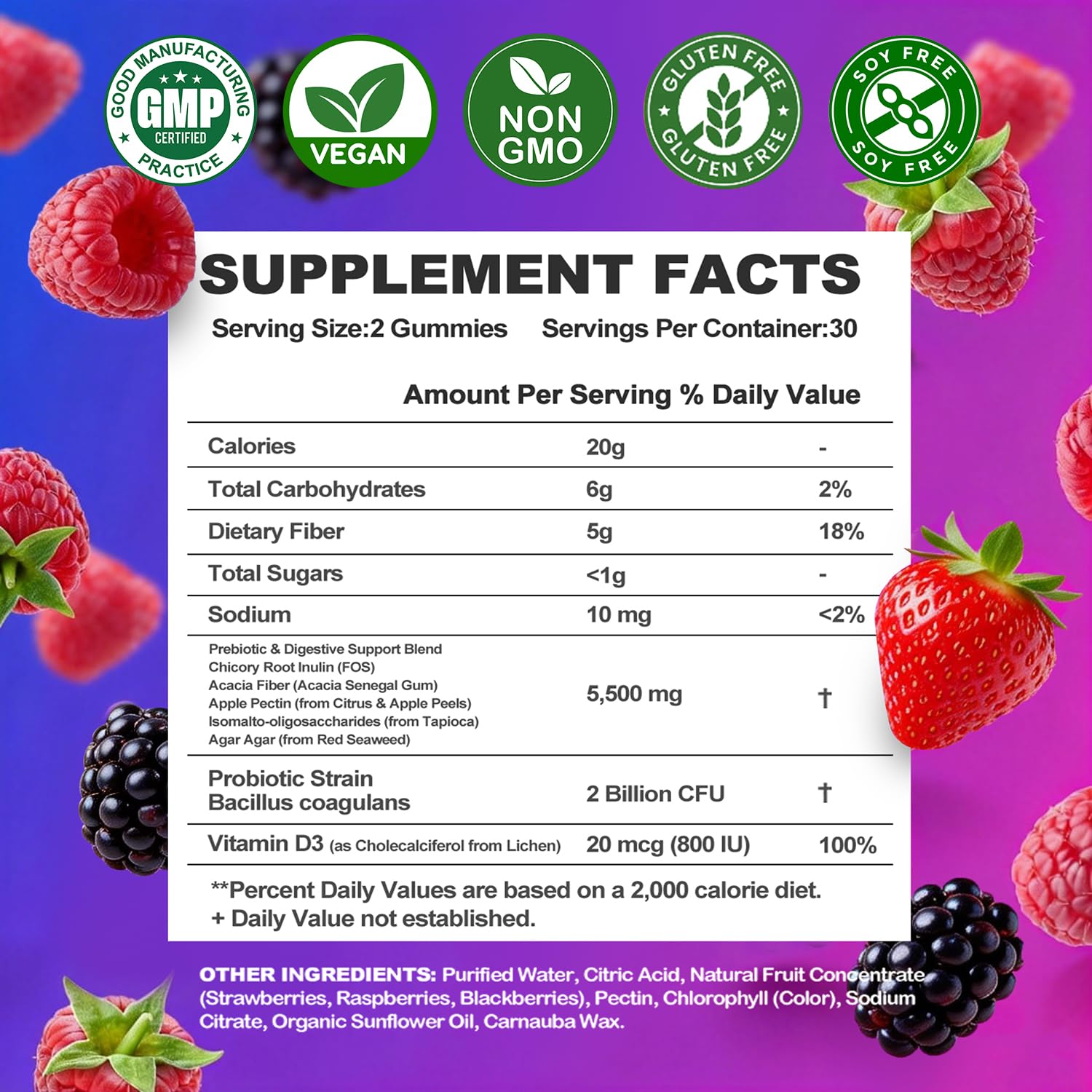 Prebiotic Fiber Gummies, 5g Fiber per Serving, 2 Billion CFU Bacillus Coagulans + Vitamin D3, Sugar Free Pectin Mixed Berry Gummies, Inulin (FOS) + Acacia - PrimeBioHealth - canada supplements