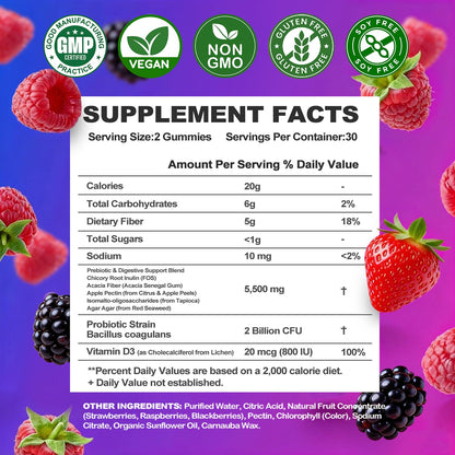 Prebiotic Fiber Gummies, 5g Fiber per Serving, 2 Billion CFU Bacillus Coagulans + Vitamin D3, Sugar Free Pectin Mixed Berry Gummies, Inulin (FOS) + Acacia - PrimeBioHealth - canada supplements