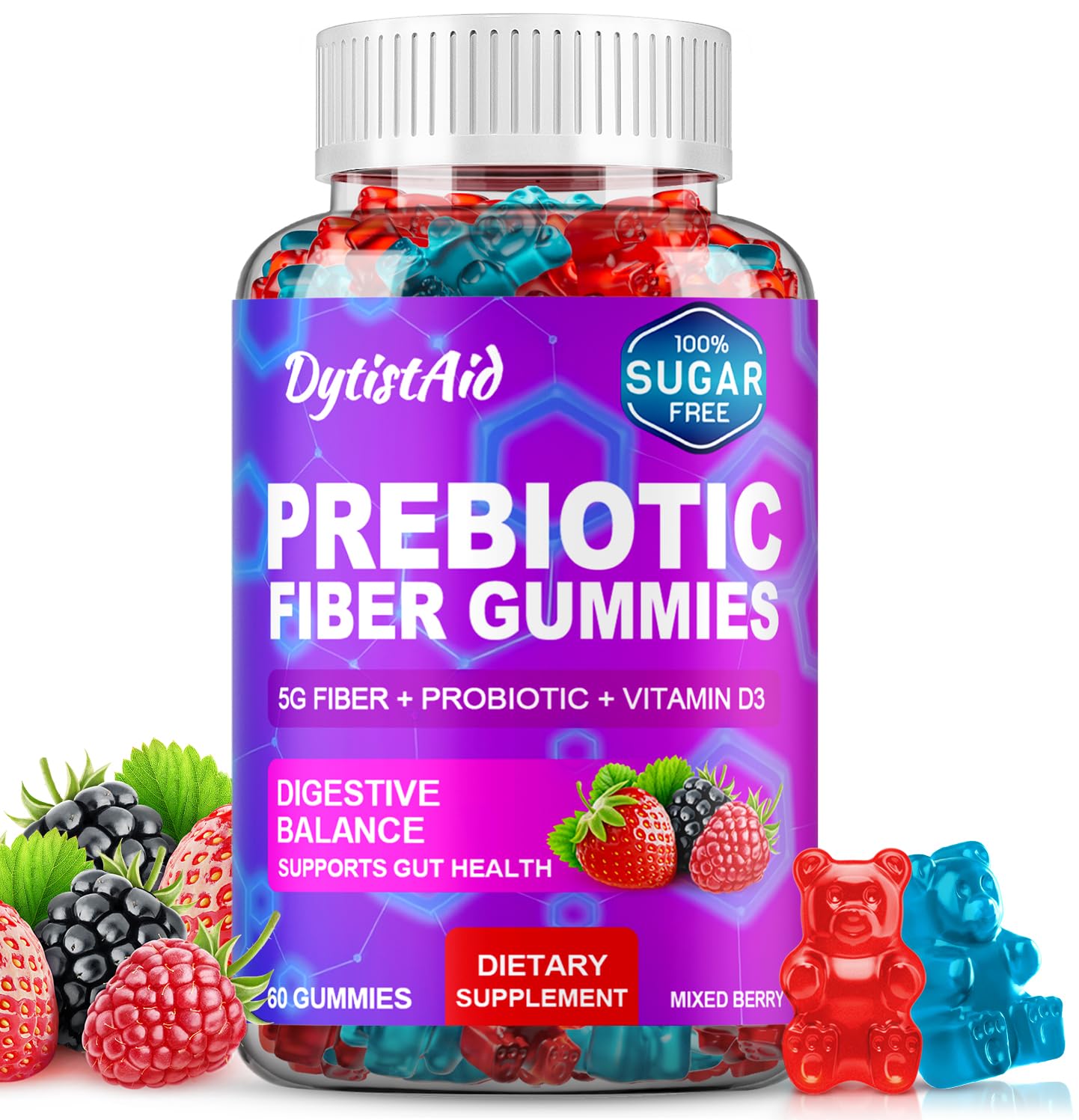 Prebiotic Fiber Gummies, 5g Fiber per Serving, 2 Billion CFU Bacillus Coagulans + Vitamin D3, Sugar Free Pectin Mixed Berry Gummies, Inulin (FOS) + Acacia - PrimeBioHealth - canada supplements