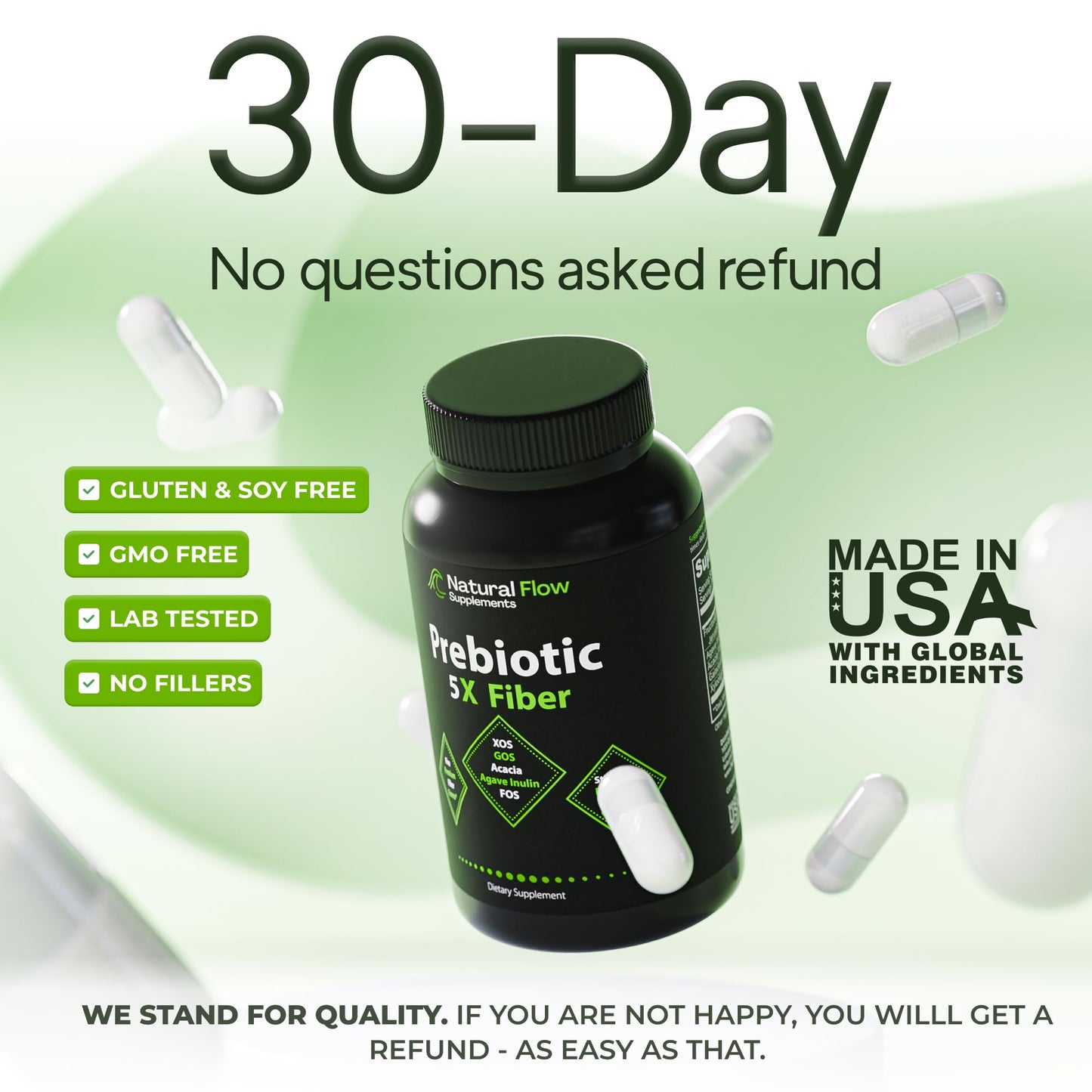 Prebiotic Fiber Supplement 5-in-1 Capsules - Natural Flow 5X Fiber XOS, GOS, FOS, Acacia and Agave Inulin, Daily Soluble Fiber Formula for Gut Support - PrimeBioHealth - canada supplements