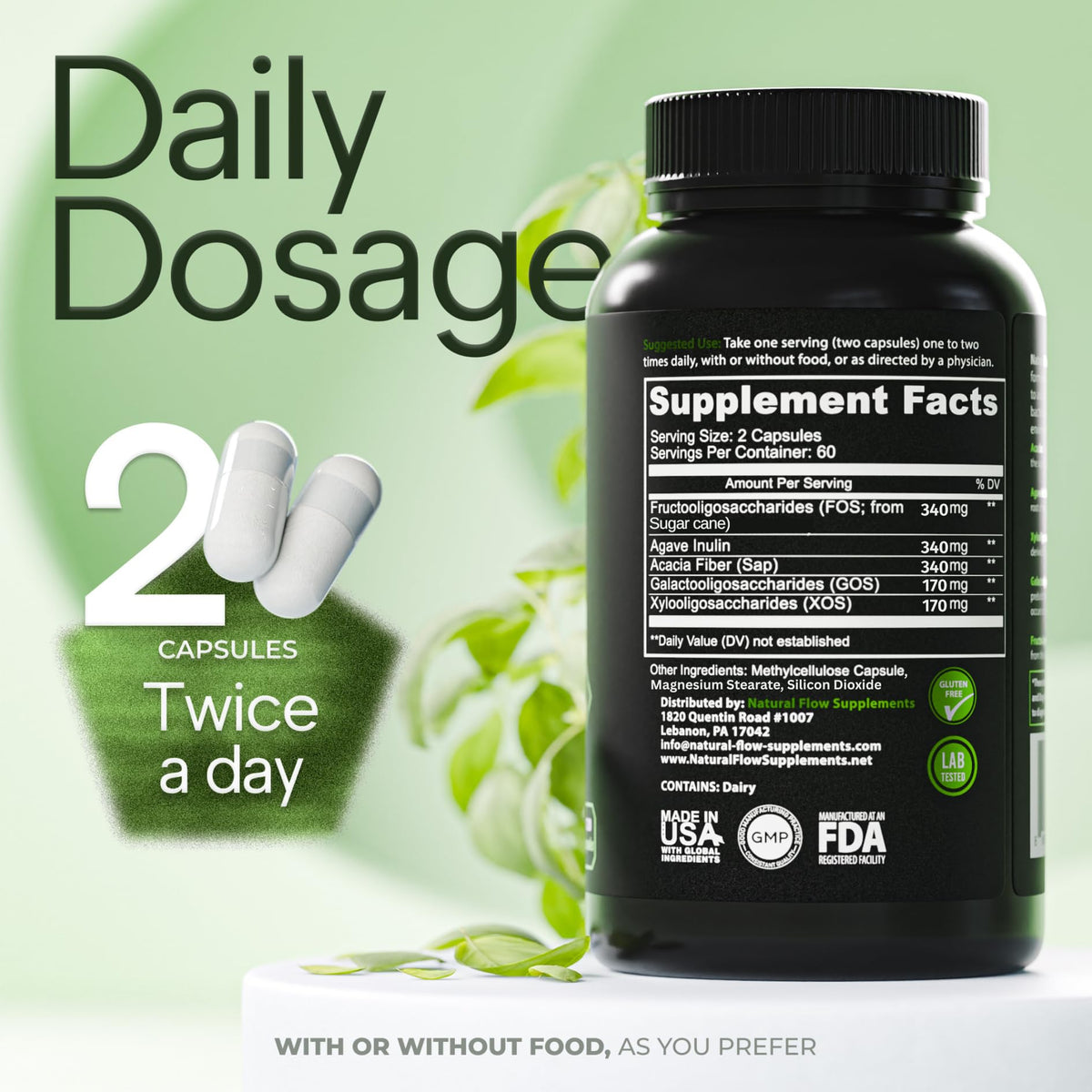 Prebiotic Fiber Supplement 5-in-1 Capsules - Natural Flow 5X Fiber XOS, GOS, FOS, Acacia and Agave Inulin, Daily Soluble Fiber Formula for Gut Support - PrimeBioHealth - canada supplements