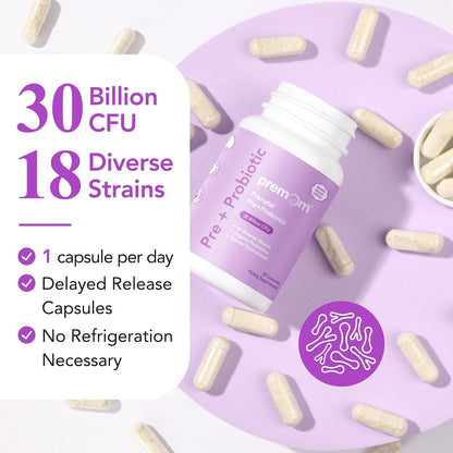 Premom Prenatal Prebiotics & Probiotics for Women, 30 Billion CFU, 18 Strains, Organic Prebiotic & Womens Probiotic, Vaginal, Gut, & Digestive Health + Immune Support Supplement - PrimeBioHealth - canada supplements