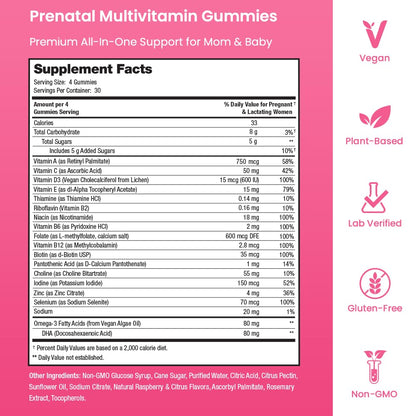 Prenatal Vitamin Gummies with DHA | Vegan Prenatal Vitamins for Women with Omega 3, Methylfolate, Choline & D3, Pregnancy Vitamins for Fetal Development - PrimeBioHealth - canada supplements