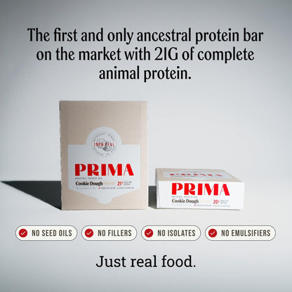 PRIMA Cookie Dough Protein Bar | 21g Grass Fed Whey and Collagen | No Seed Oils, No Preservatives, Raw Honey Sweetened | 7 Pack - PrimeBioHealth - canada supplements