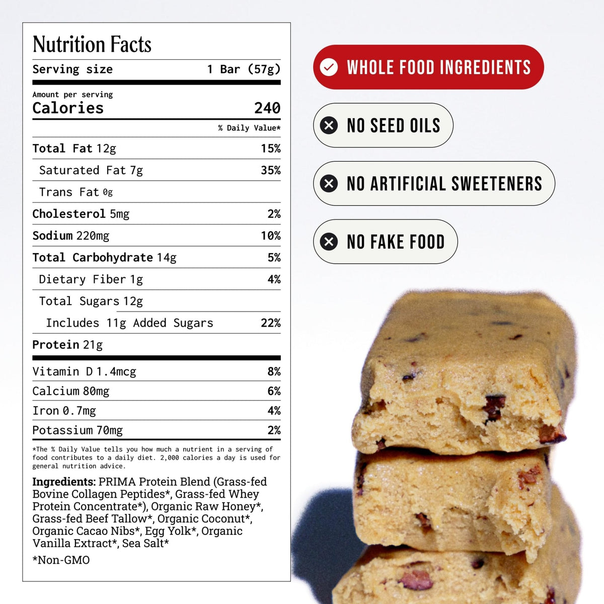 PRIMA Cookie Dough Protein Bar | 21g Grass Fed Whey and Collagen | No Seed Oils, No Preservatives, Raw Honey Sweetened | 7 Pack - PrimeBioHealth - canada supplements