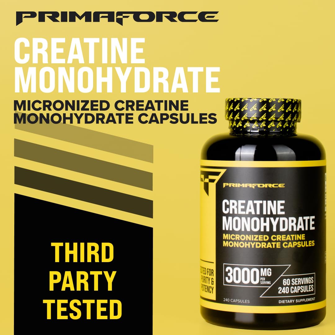 Primaforce Creatine Monohydrate Capsules - 240 Capsules, 3,000mg per Serving, Gluten Free and Non-GMO - PrimeBioHealth - canada supplements