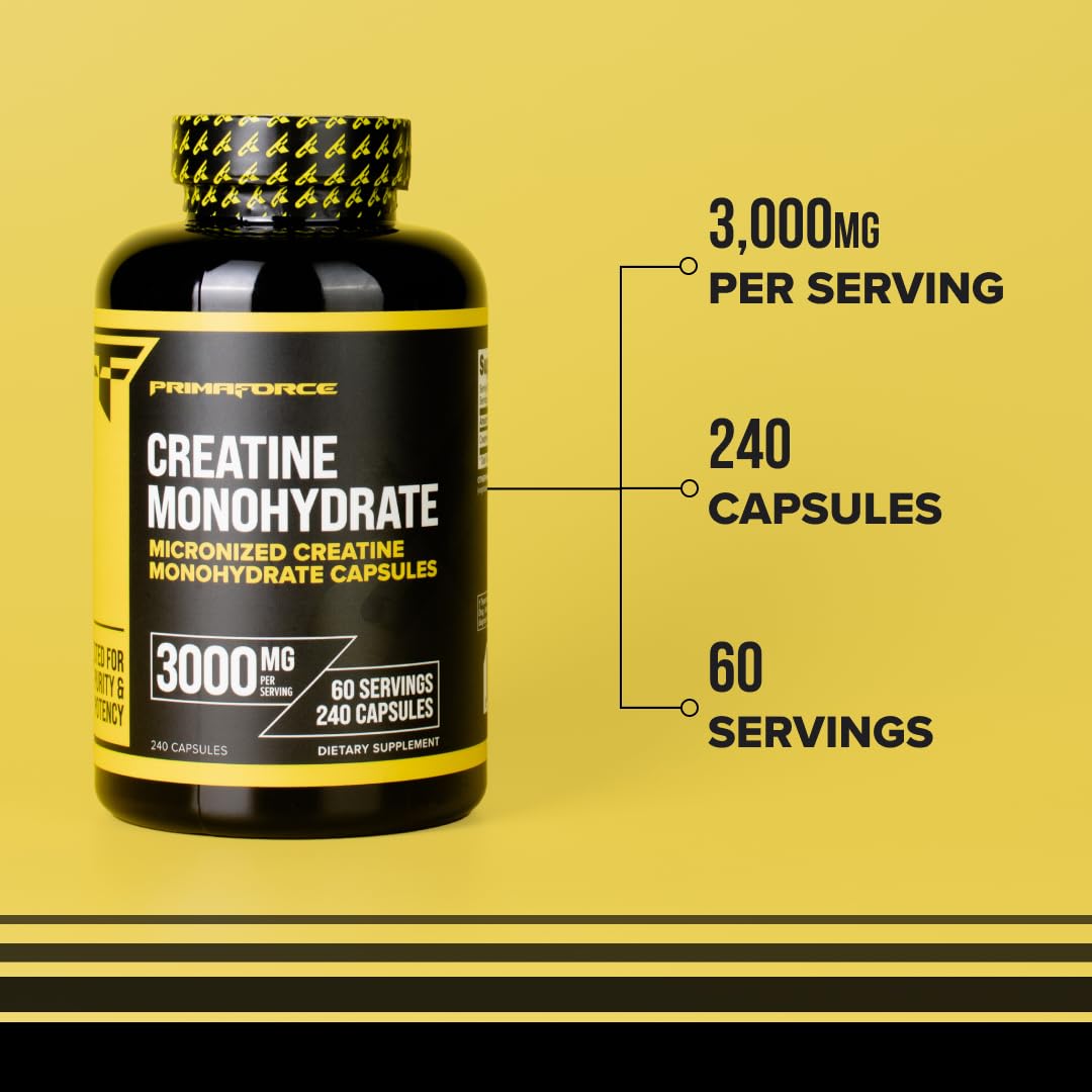 Primaforce Creatine Monohydrate Capsules - 240 Capsules, 3,000mg per Serving, Gluten Free and Non-GMO - PrimeBioHealth - canada supplements