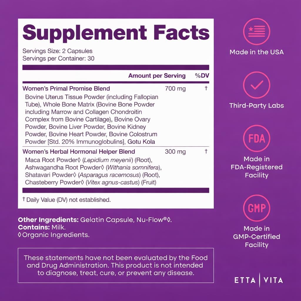 Primal Beef Organ Supplement for Women (Made in USA) Boosted w Shatavari, Maca, Ashwagandha, and Chasteberry - Grass Fed Uterus, Ovary, Liver, Kidney, Heart Bone Matrix - PrimeBioHealth - canada supplements