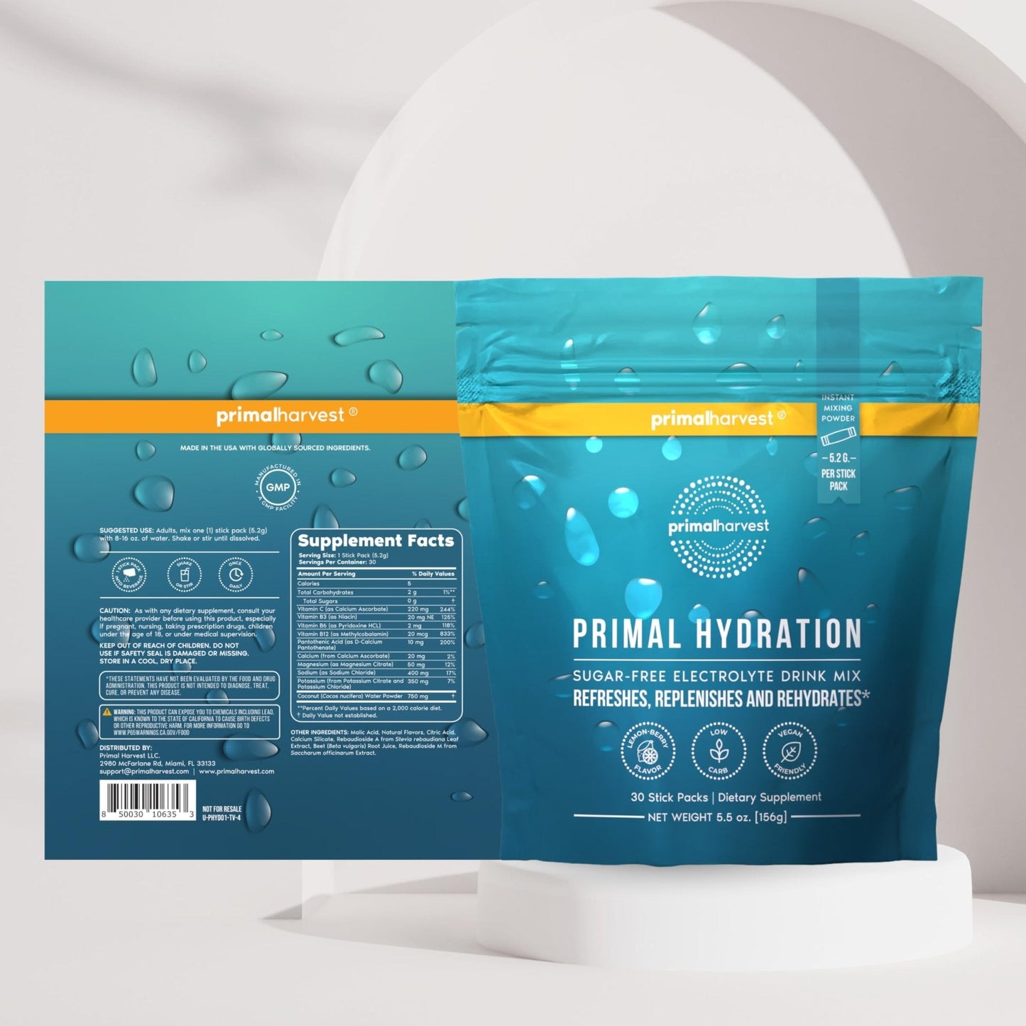 Primal Harvest Electrolytes Powder Packets Primal Hydration, Easy Open Packets, Energy Drink Mix (Lemon Berry, 30 Packs) (1 Bag) - PrimeBioHealth - canada supplements