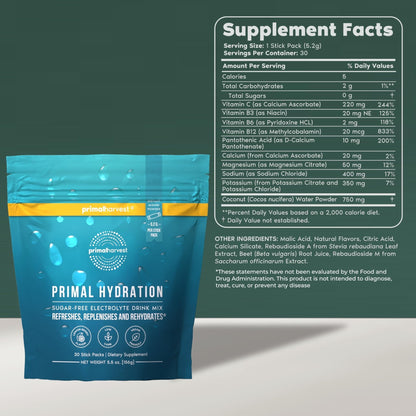 Primal Harvest Electrolytes Powder Packets Primal Hydration, Easy Open Packets, Energy Drink Mix (Lemon Berry, 30 Packs) (1 Bag) - PrimeBioHealth - canada supplements