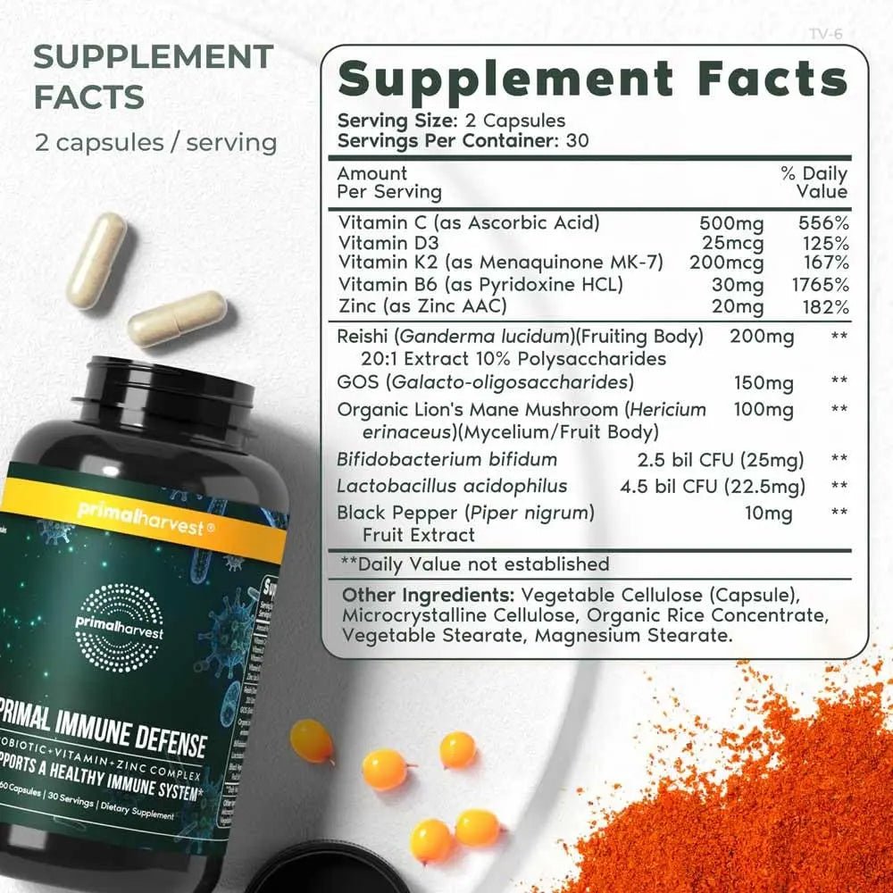 Primal Harvest Immune Defense 10-in-1 Supplement with Probiotics, Zinc, and Vitamins C, D3, K2, B6 Daily Immune Support for Adults - PrimeBioHealth - canada supplements