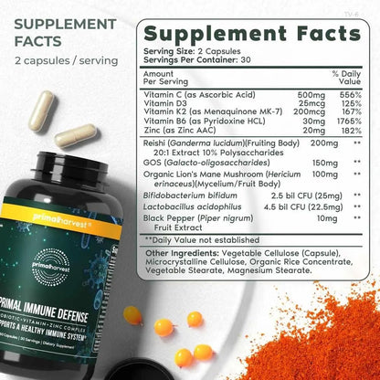 Primal Harvest Immune Defense 10-in-1 Supplement with Probiotics, Zinc, and Vitamins C, D3, K2, B6 Daily Immune Support for Adults - PrimeBioHealth - canada supplements