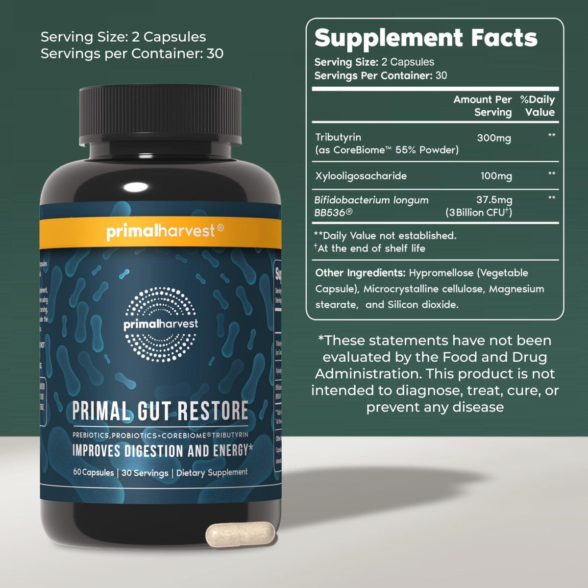 Primal Harvest Restore for Gut Health, Primal Gut Restore w/POSTbiotics, PREbiotics and PRObiotics for Women and Men, 60 CT - Digestion, Colon Cleanse, - PrimeBioHealth - canada supplements