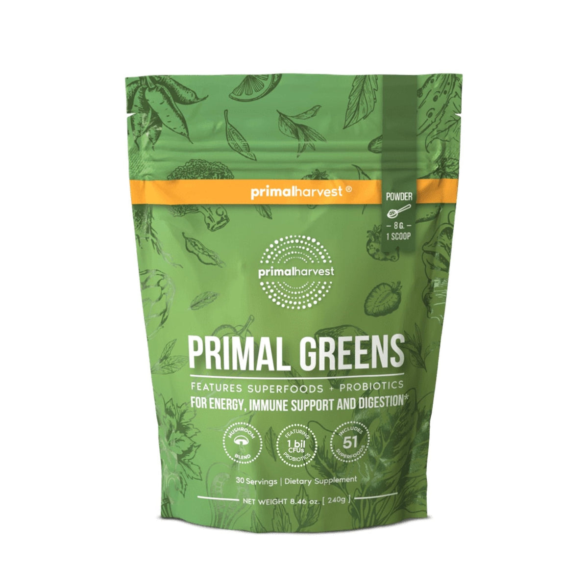 Primal Harvest Super Greens Powder, 30 Servings w/+50 Greens Superfood Chlorella, Probiotics, Green Tea, Wheatgrass, - PrimeBioHealth - canada supplements