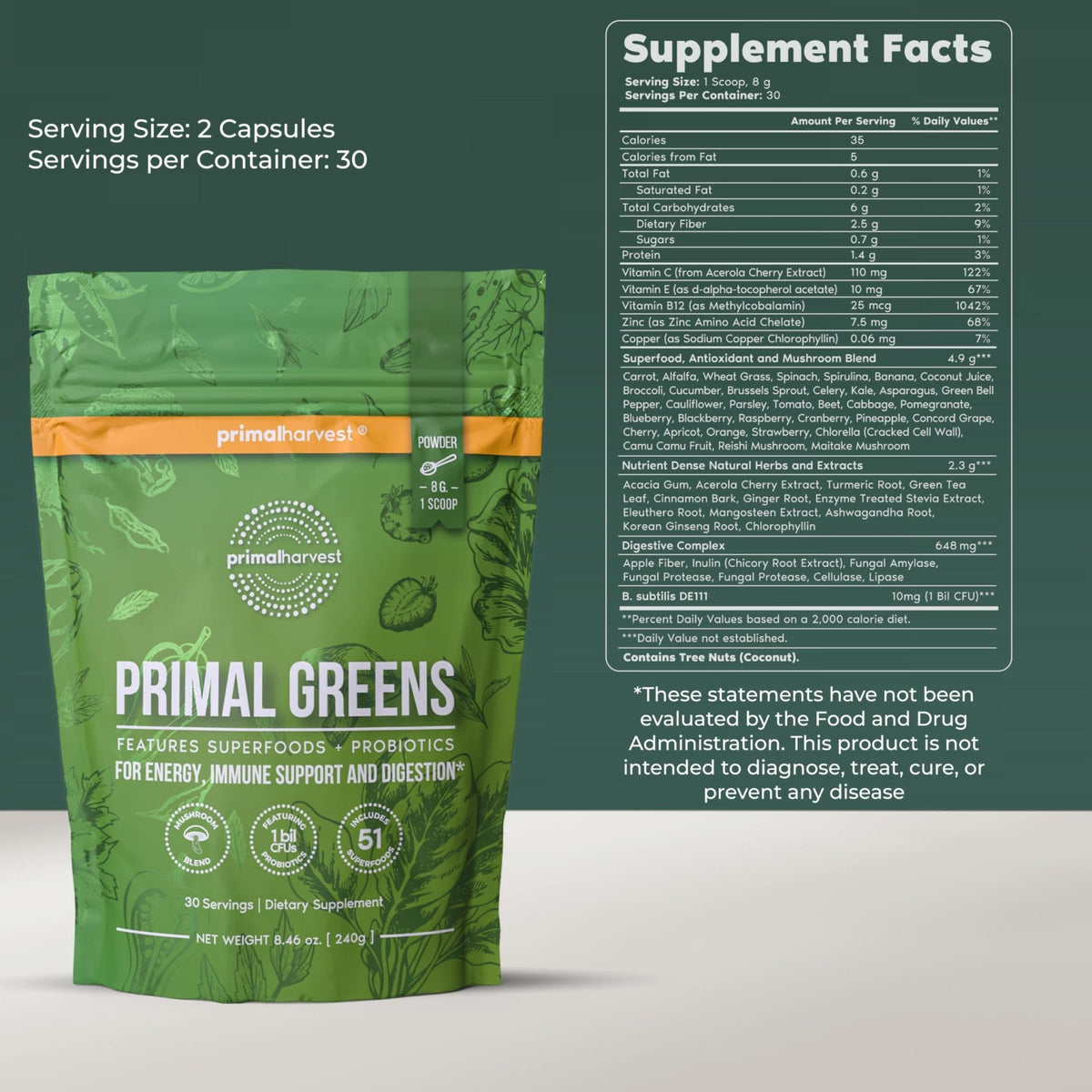 Primal Harvest Super Greens Powder, 30 Servings w/+50 Greens Superfood Chlorella, Probiotics, Green Tea, Wheatgrass, - PrimeBioHealth - canada supplements