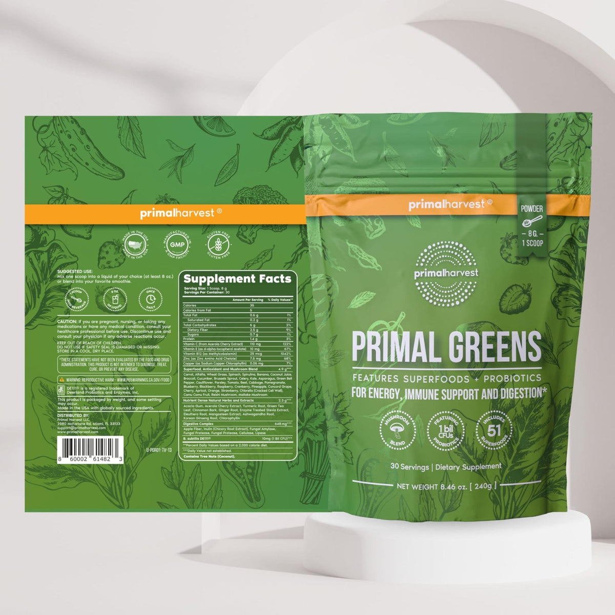 Primal Harvest Super Greens Powder, 30 Servings w/+50 Greens Superfood Chlorella, Probiotics, Green Tea, Wheatgrass, - PrimeBioHealth - canada supplements