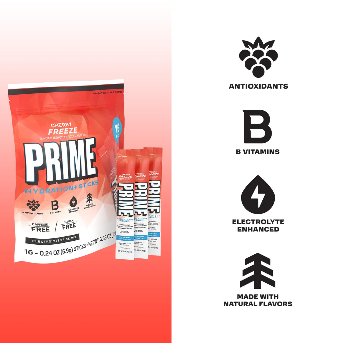 PRIME HYDRATION+ Electrolyte Powder Sticks, Cherry Freeze, Sugar Free Hydration Drink Mix with Potassium, Magnesium & B Vitamins - PrimeBioHealth - canada supplements