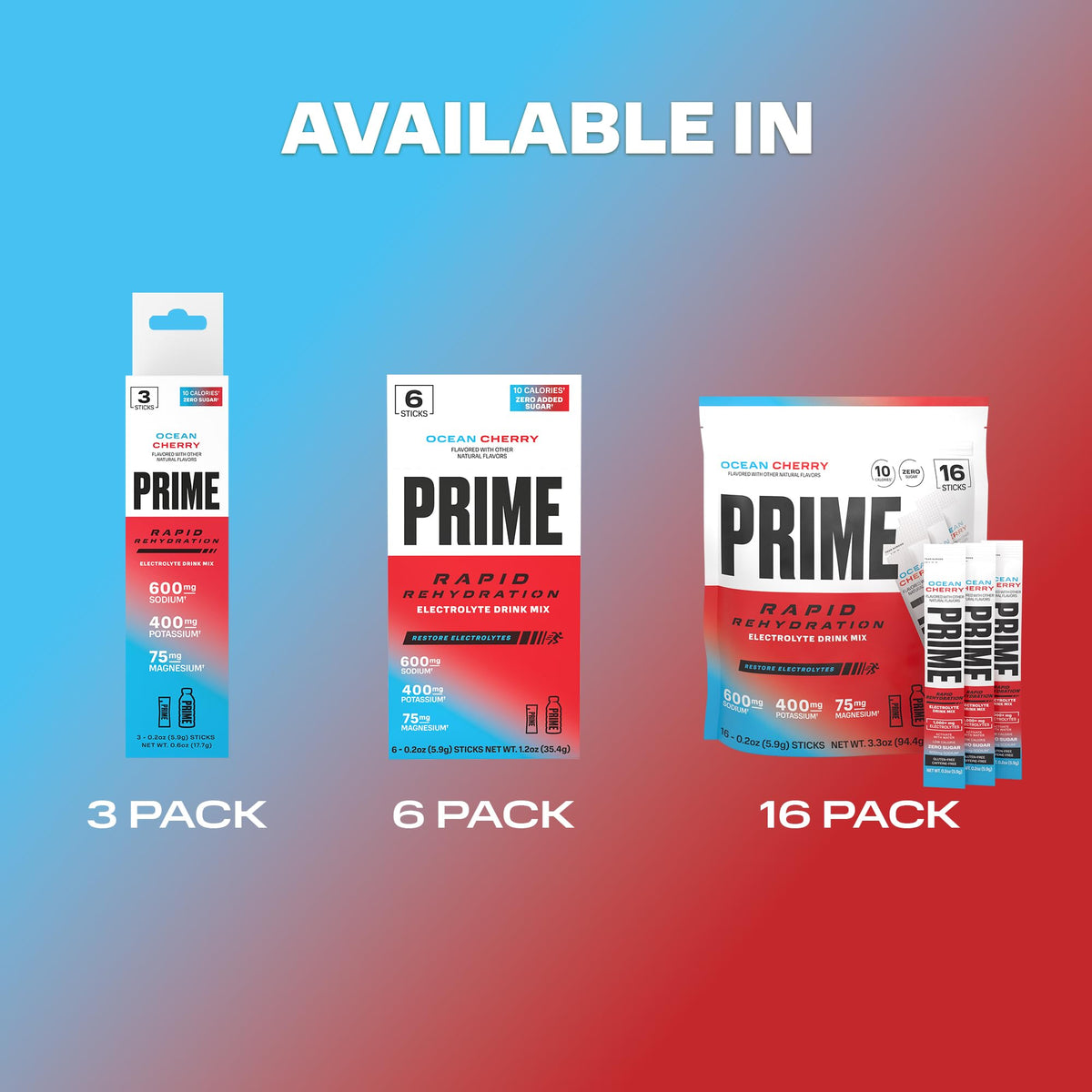 Prime Rapid Rehydration Electrolyte Powder Sticks, Ocean Cherry, Sugar Free Hydration Drink Mix with Sodium, Potassium, Magnesium & B Vitamins - PrimeBioHealth - canada supplements