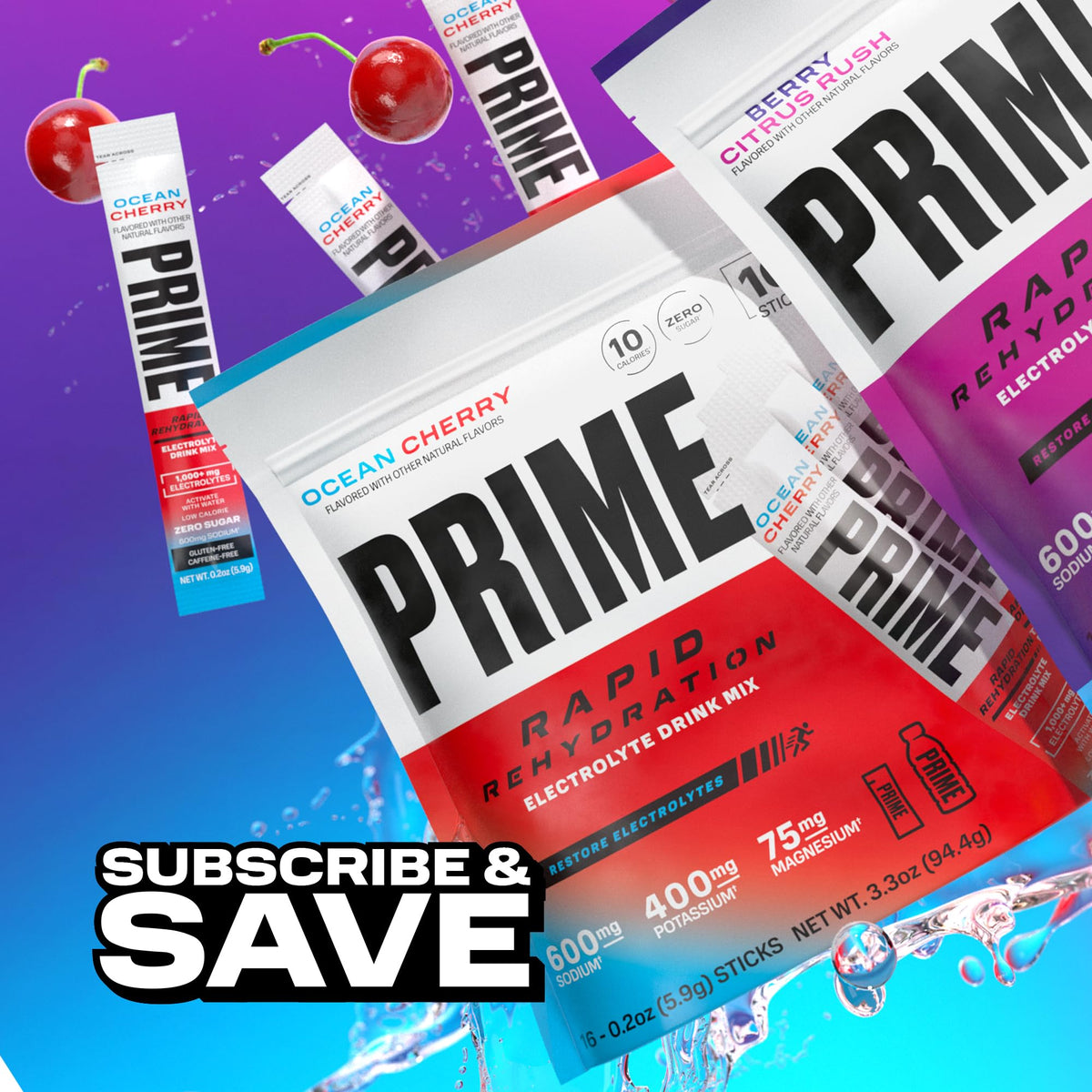 Prime Rapid Rehydration Electrolyte Powder Sticks, Ocean Cherry, Sugar Free Hydration Drink Mix with Sodium, Potassium, Magnesium & B Vitamins - PrimeBioHealth - canada supplements