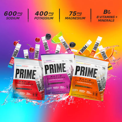 Prime Rapid Rehydration Electrolyte Powder Sticks, Ocean Cherry, Sugar Free Hydration Drink Mix with Sodium, Potassium, Magnesium & B Vitamins - PrimeBioHealth - canada supplements