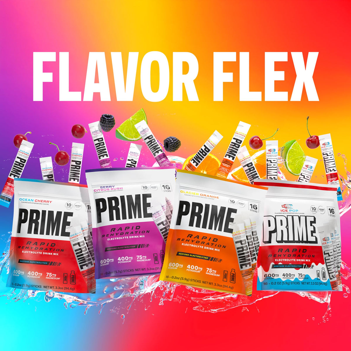 Prime Rapid Rehydration Electrolyte Powder Sticks, Ocean Cherry, Sugar Free Hydration Drink Mix with Sodium, Potassium, Magnesium & B Vitamins - PrimeBioHealth - canada supplements