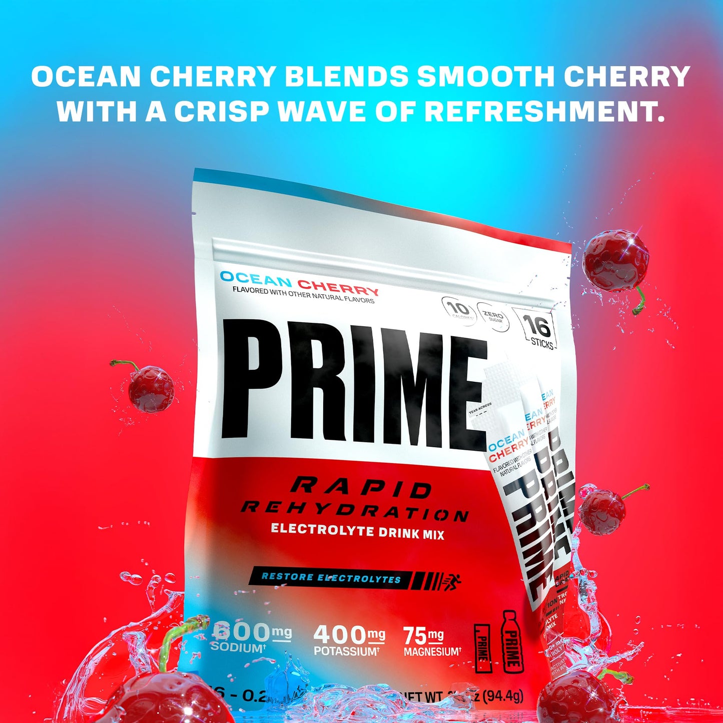 Prime Rapid Rehydration Electrolyte Powder Sticks, Ocean Cherry, Sugar Free Hydration Drink Mix with Sodium, Potassium, Magnesium & B Vitamins - PrimeBioHealth - canada supplements