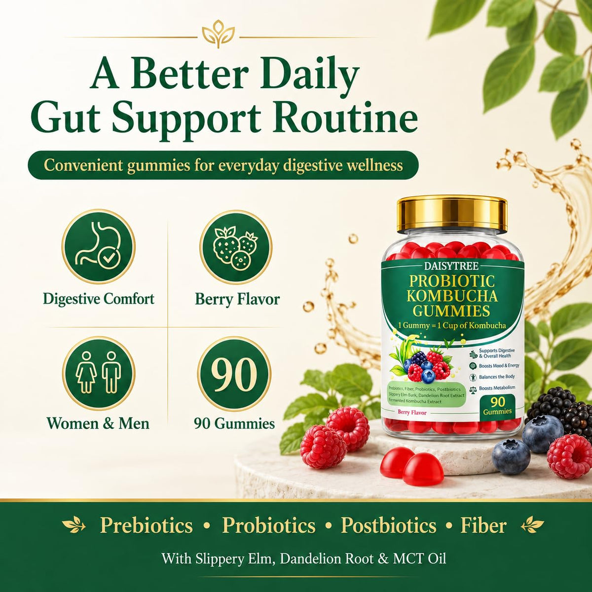 PRIMEHAVEN Probiotic Kombucha Gummies - Prebiotics, Probiotics, Postbiotics, Fiber Supplement, Slippery Elm, Dandelion Root, for Bloating, Gut Health - PrimeBioHealth - canada supplements