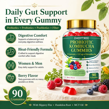 PRIMEHAVEN Probiotic Kombucha Gummies - Prebiotics, Probiotics, Postbiotics, Fiber Supplement, Slippery Elm, Dandelion Root, for Bloating, Gut Health - PrimeBioHealth - canada supplements