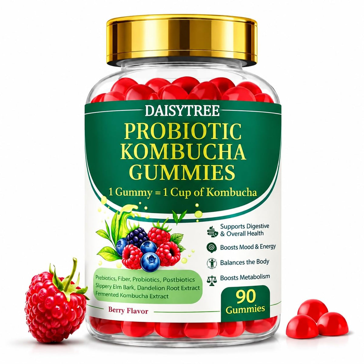 PRIMEHAVEN Probiotic Kombucha Gummies - Prebiotics, Probiotics, Postbiotics, Fiber Supplement, Slippery Elm, Dandelion Root, for Bloating, Gut Health - PrimeBioHealth - canada supplements