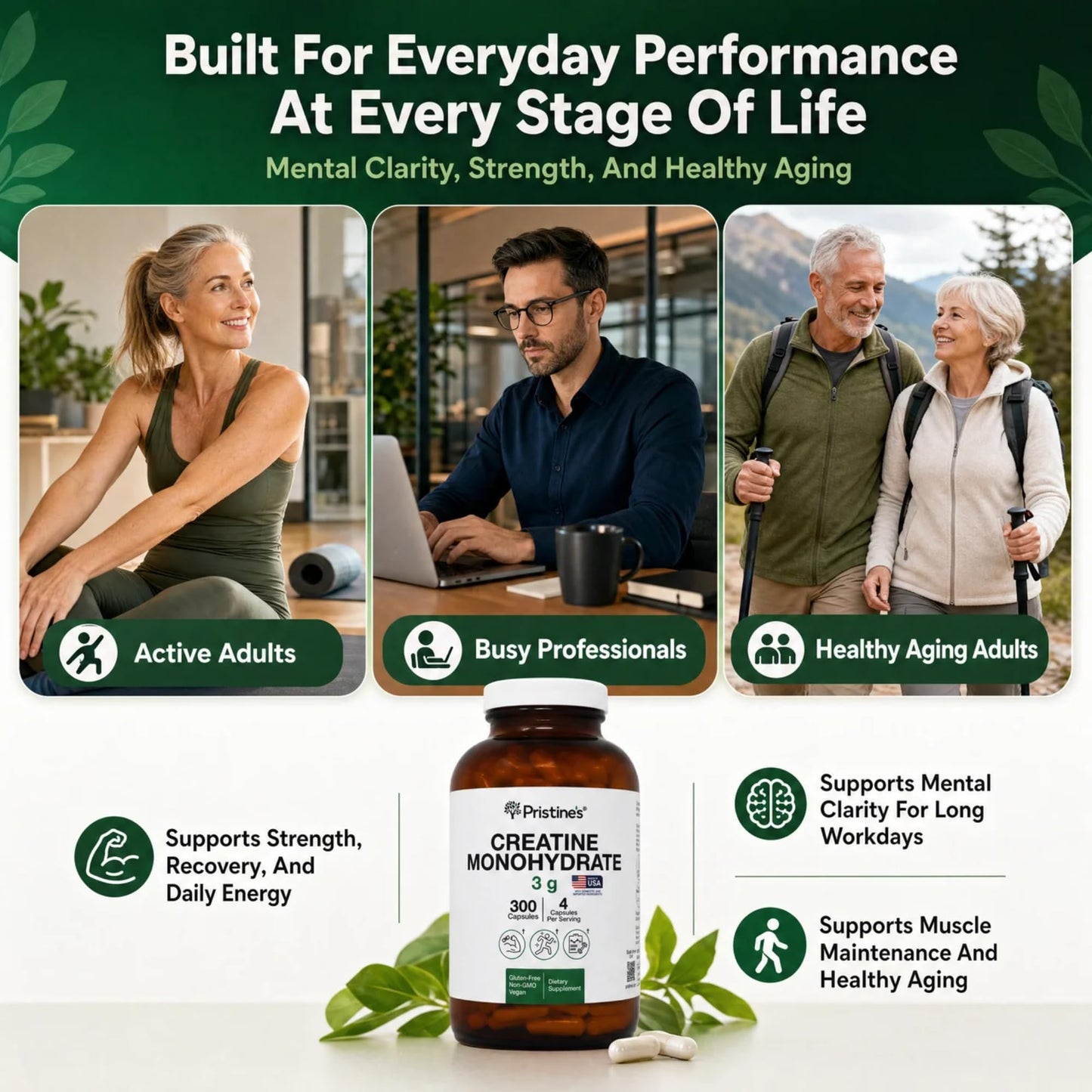 PRISTINE'S Creatine Monohydrate Capsules for Women & Men - NSF Certified 75 Day Supply 3G Creatine Pills for Women - Cognitive & Athletic Performance Support - PrimeBioHealth - canada supplements