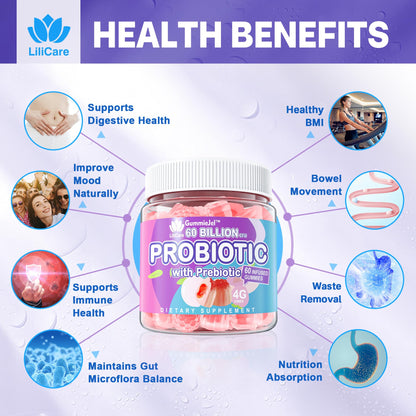 Probiotic Gummies 60 Billion CFU for Women Men & Kids, 11 Strains Probiotics + Organic Prebiotics Fiber for Immune, Digestive Health, Supports Constipation, - PrimeBioHealth - canada supplements