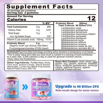 Probiotic Gummies 60 Billion CFU for Women Men & Kids, 11 Strains Probiotics + Organic Prebiotics Fiber for Immune, Digestive Health, Supports Constipation, - PrimeBioHealth - canada supplements
