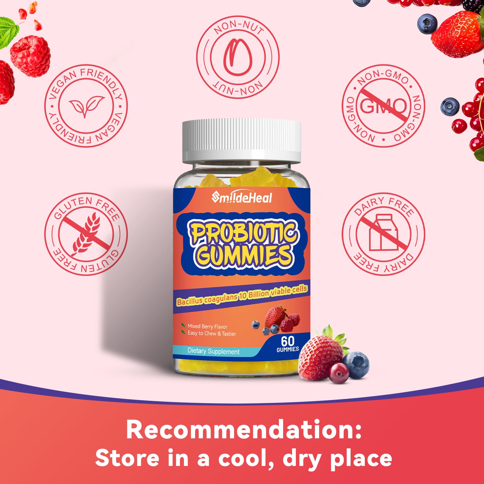 Probiotic Gummies for Digestive Health - 10 Billion CFU Bacillus Coagulans - Vegan & Non-GMO - Immune & Digestive Support for Men & Women - Strawberry & Mixed Berry Flavor - PrimeBioHealth - canada supplements