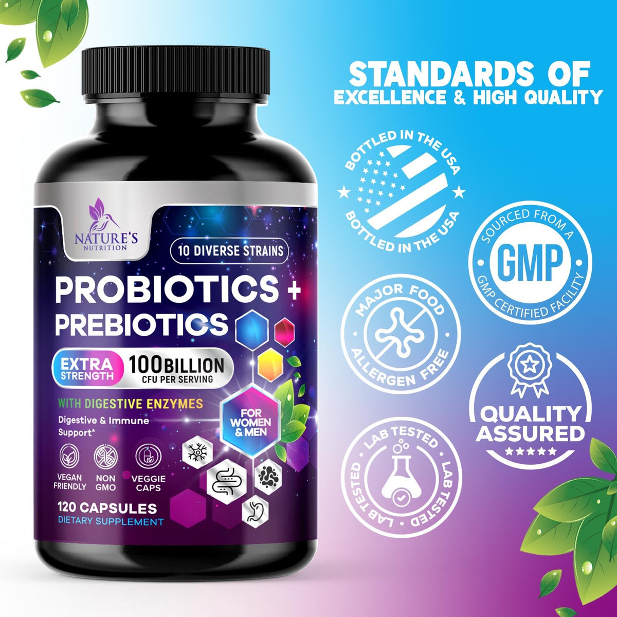 Probiotics 100 Billion CFU Per Serving - 10 Premium Strains + Prebiotics - Best Probiotic Supplement for Women & Men - Supports Immune, Digestive Health, - PrimeBioHealth - canada supplements