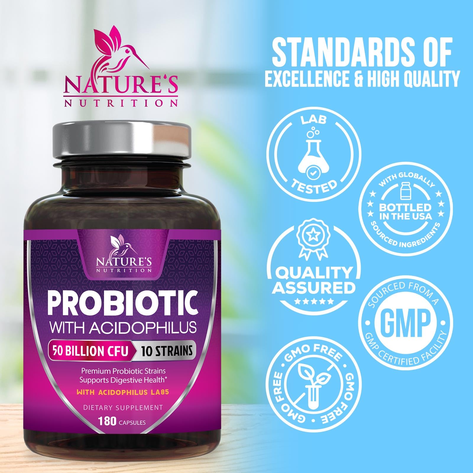 Probiotics for Digestive Gut Health - 50 Billion CFU Per Capsule, 10 Premium Strains & Prebiotics - Best Probiotics for Women & Men, Occasional Constipation, Gas, Immune Health Support - 180 Capsules - PrimeBioHealth - canada supplements
