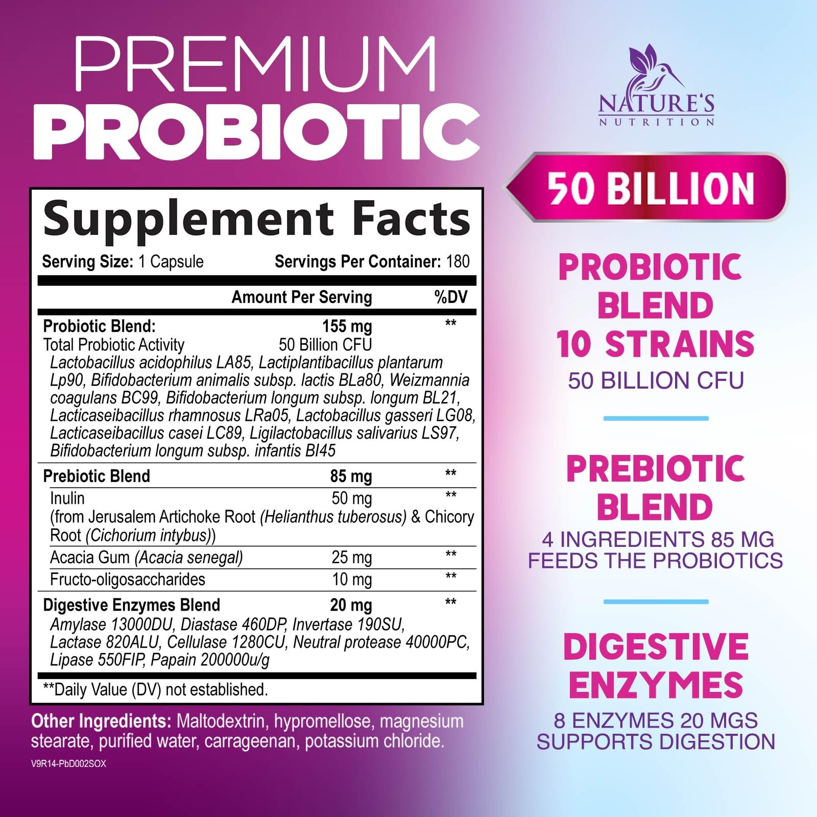 Probiotics for Digestive Gut Health - 50 Billion CFU Per Capsule, 10 Premium Strains & Prebiotics - Best Probiotics for Women & Men, Occasional Constipation, Gas, Immune Health Support - 180 Capsules - PrimeBioHealth - canada supplements