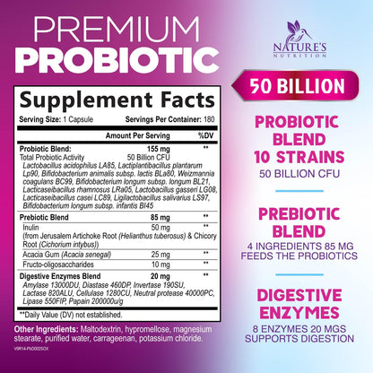 Probiotics for Digestive Gut Health - 50 Billion CFU Per Capsule, 10 Premium Strains & Prebiotics - Best Probiotics for Women & Men, Occasional Constipation, Gas, Immune Health Support - 180 Capsules - PrimeBioHealth - canada supplements